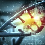 DNA molecule is located in front of a colored background. abstract collage